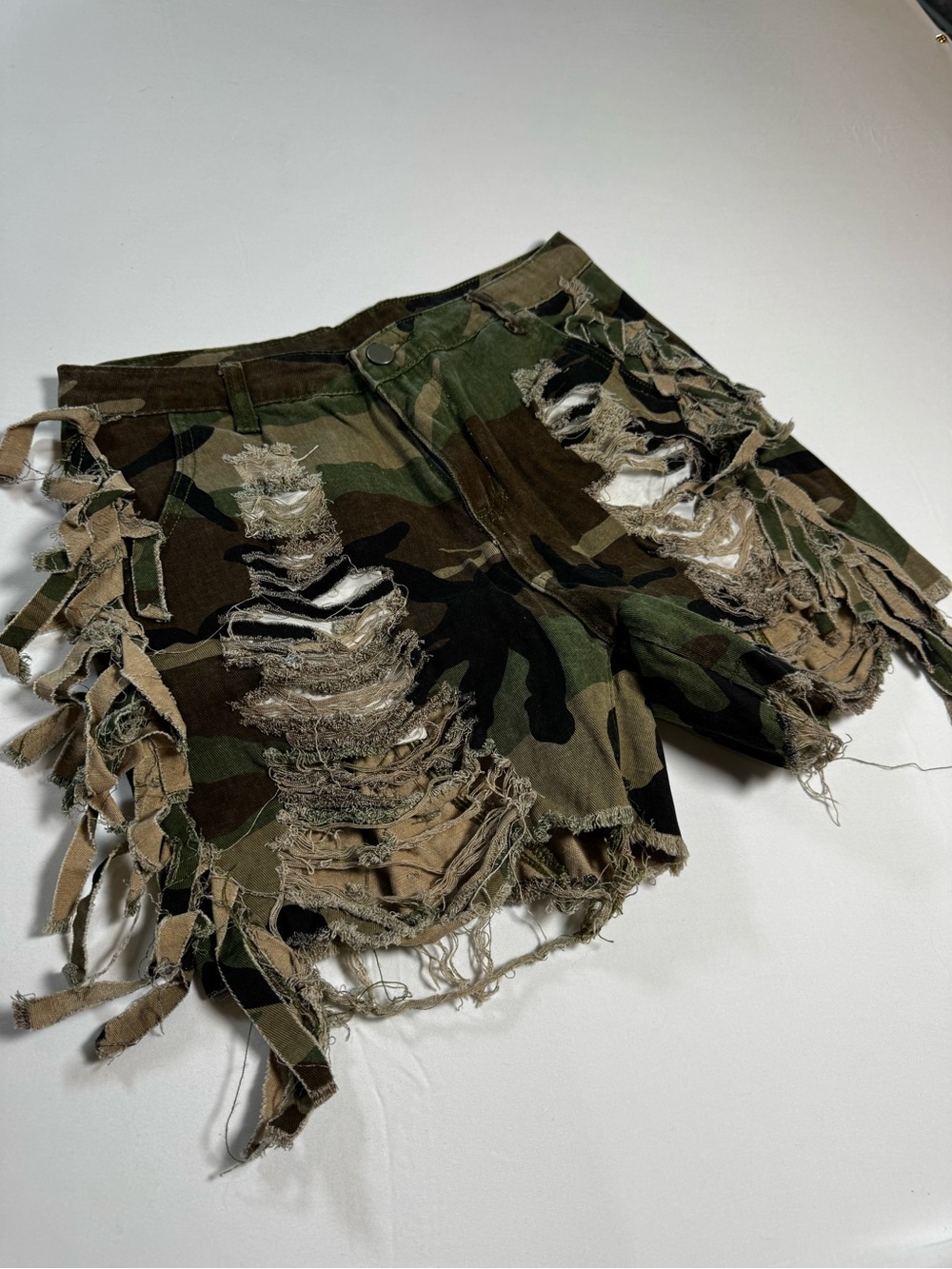 Camo Distressed Fringe Women's Shorts